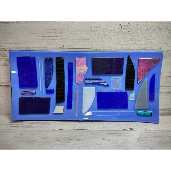 SIGNED Lorraine Art Fused Glass Shimmer Abstract Mosaic Cobalt Wave Trinket Dish - Picture 2 of 14